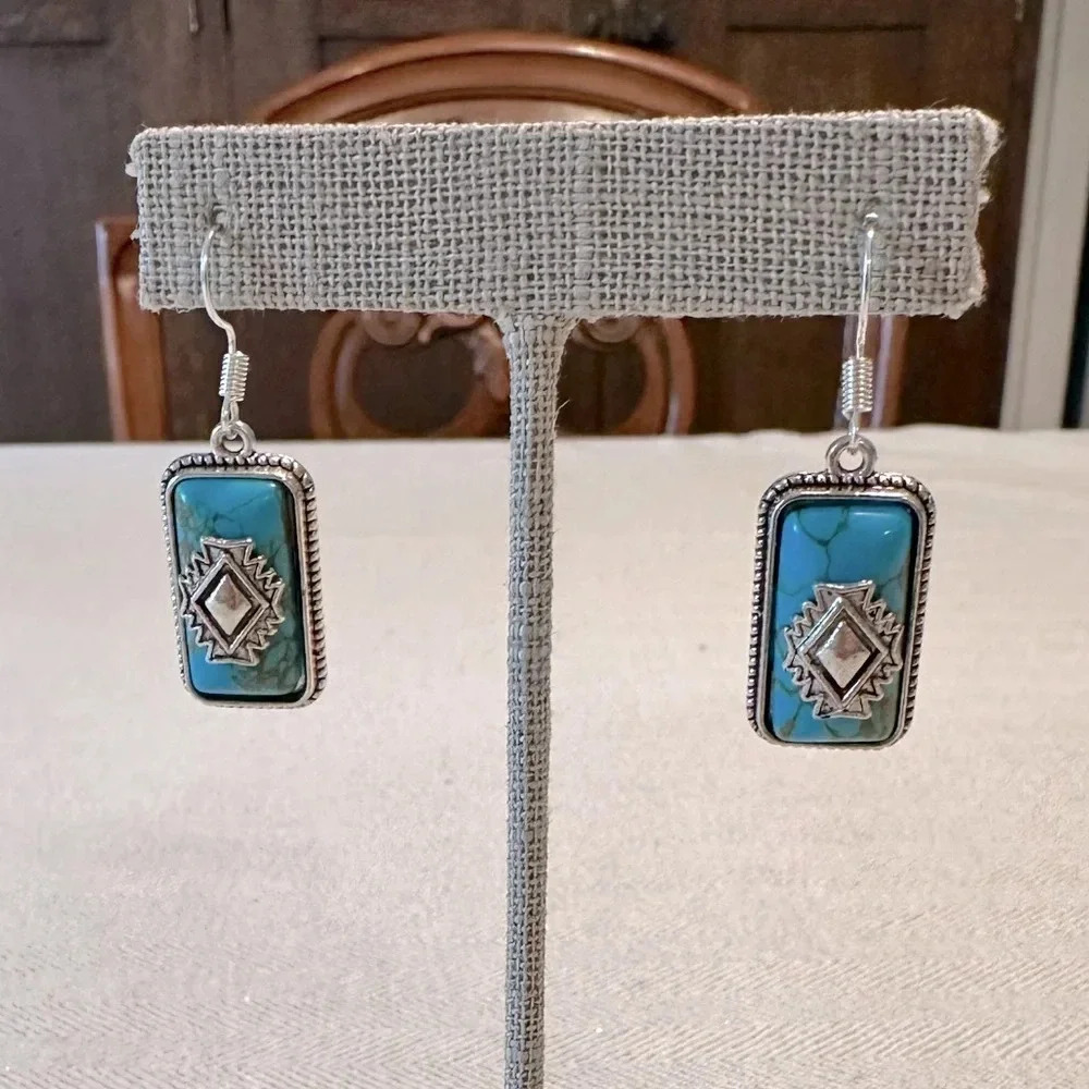 Southwestern Artisan Style Faux Turquoise Dangle Earrings French Wire Silver